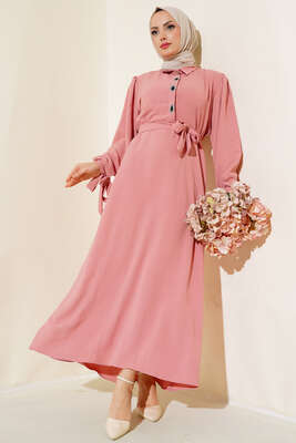 Pazarium - Kol Bağlamalı Elbise Pudra