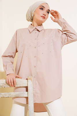 Pazarium - Önü Taş Detaylı Uzun Gömlek Latte