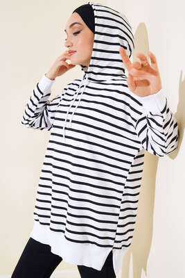 Çizgili Kapşonlu Sweat Beyaz - Thumbnail