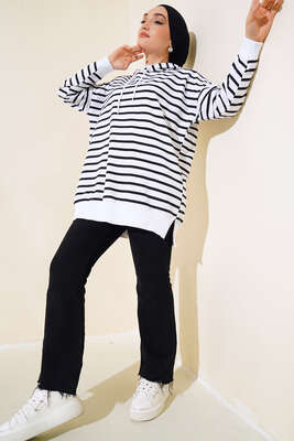 Çizgili Kapşonlu Sweat Beyaz - Thumbnail