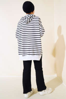 Çizgili Kapşonlu Sweat Beyaz - Thumbnail