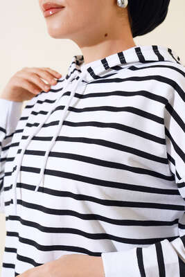 Çizgili Kapşonlu Sweat Beyaz - Thumbnail