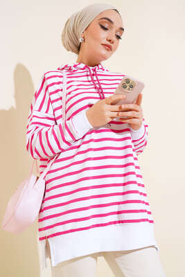 Çizgili Kapşonlu Sweat Fuşya - Thumbnail