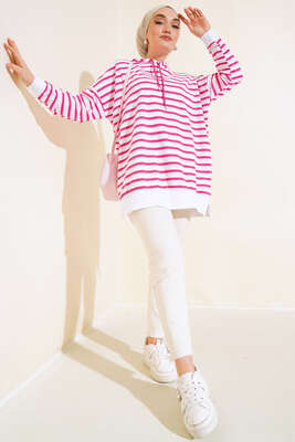 Çizgili Kapşonlu Sweat Fuşya - Thumbnail