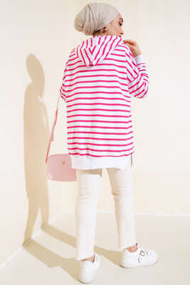 Çizgili Kapşonlu Sweat Fuşya - Thumbnail