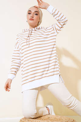 Çizgili Kapşonlu Sweat Latte - Thumbnail