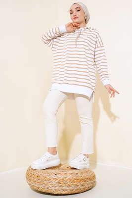 Çizgili Kapşonlu Sweat Latte - Thumbnail