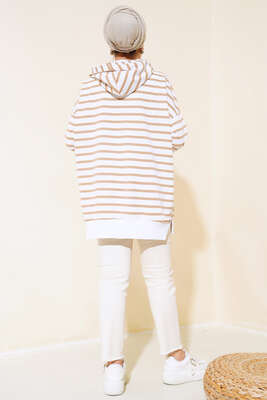 Çizgili Kapşonlu Sweat Latte - Thumbnail