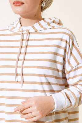 Çizgili Kapşonlu Sweat Latte - Thumbnail