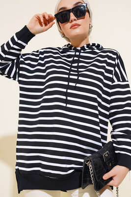 Çizgili Kapşonlu Sweat Siyah - Thumbnail