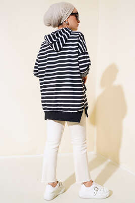 Çizgili Kapşonlu Sweat Siyah - Thumbnail