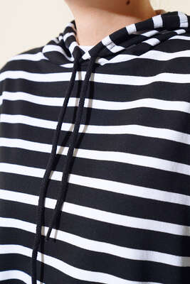 Çizgili Kapşonlu Sweat Siyah - Thumbnail