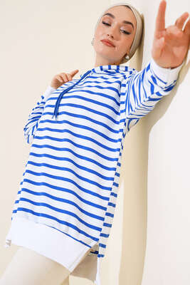 Çizgili Kapşonlu Sweat Saks - Thumbnail