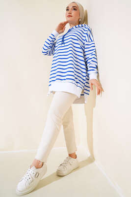 Çizgili Kapşonlu Sweat Saks - Thumbnail