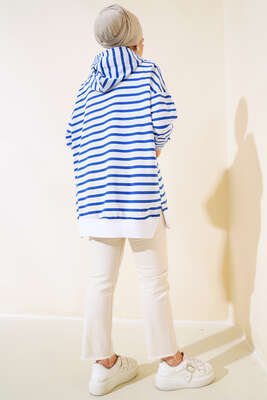 Çizgili Kapşonlu Sweat Saks - Thumbnail