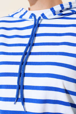 Çizgili Kapşonlu Sweat Saks - Thumbnail