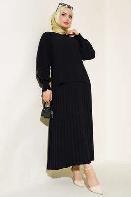 Pazarium - Kol Yanı Taşlı Krep Takım Siyah 