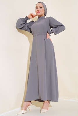 Kol Piliseli Elbise Gri - Thumbnail