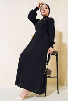 Pazarium - Kol Piliseli Elbise Siyah