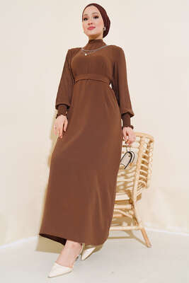 Kol Piliseli Elbise Kahve - Thumbnail