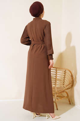 Kol Piliseli Elbise Kahve - Thumbnail