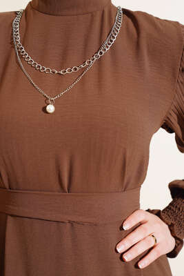 Kol Piliseli Elbise Kahve - Thumbnail