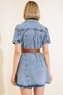 Kemerli Mini Kot Elbise Açık Mavi - Thumbnail