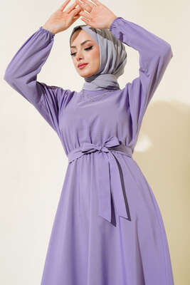 Pazarium - Bel Lastikli Elbise Lila