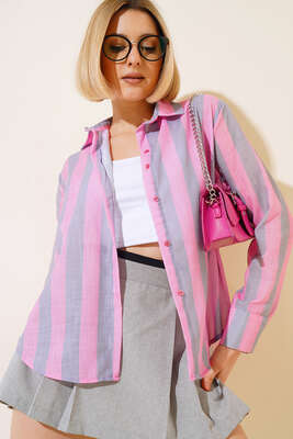 Pazarium - Kalın Çizgili Gömlek Pembe
