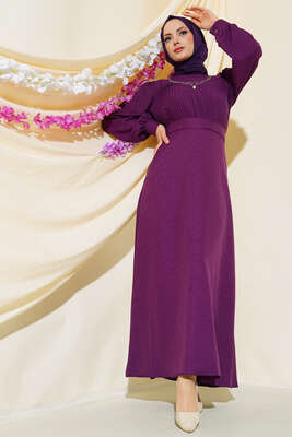 Önü Piliseli Keten Elbise Mor - Thumbnail