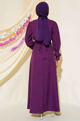 Önü Piliseli Keten Elbise Mor - Thumbnail