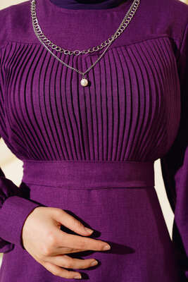 Önü Piliseli Keten Elbise Mor - Thumbnail