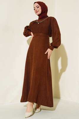 Önü Piliseli Keten Elbise Kahve - Thumbnail