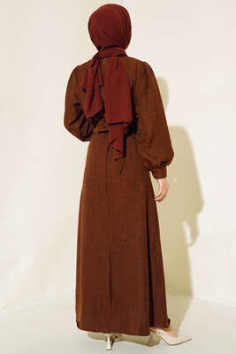 Önü Piliseli Keten Elbise Kahve - Thumbnail