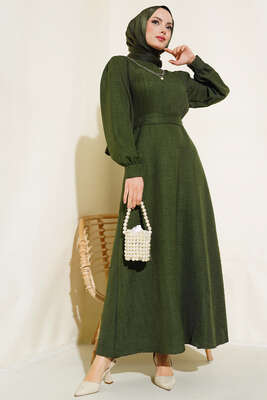 Önü Piliseli Keten Elbise Haki - Thumbnail