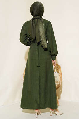 Önü Piliseli Keten Elbise Haki - Thumbnail