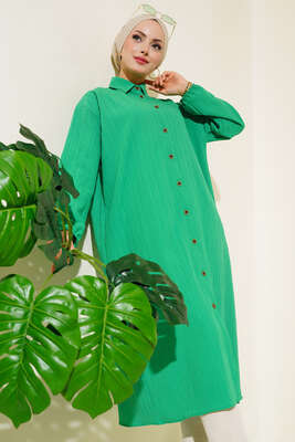 Pazarium - Boydan Düğmeli Uzun Tunik Yeşil