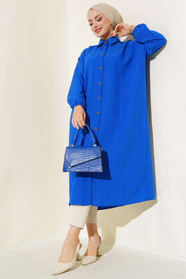 Pazarium - Boydan Düğmeli Uzun Tunik Saks