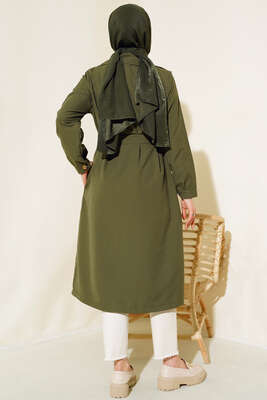 Bel Kuşaklı Düğmeli Trençkot Haki - Thumbnail