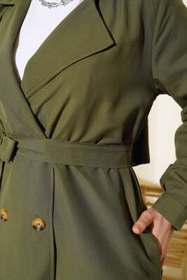Bel Kuşaklı Düğmeli Trençkot Haki - Thumbnail