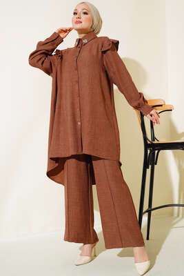 Pazarium - Omuz Fırfırlı Keten İkili Takım Kahve