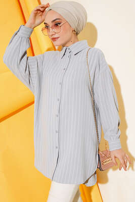 Pazarium - Dik Çizgili Salaş Gömlek Gri