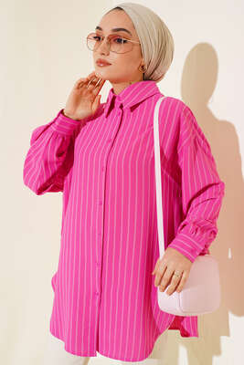 Pazarium - Dik Çizgili Salaş Gömlek Fuşya