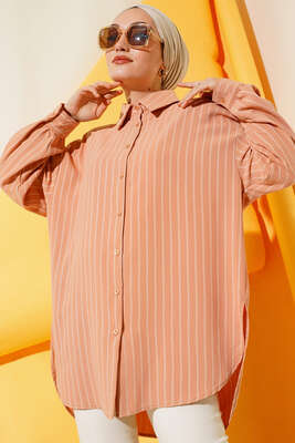 Pazarium - Dik Çizgili Salaş Gömlek Camel