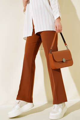 Pazarium - Yan Fermuarlı Pantolon Taba