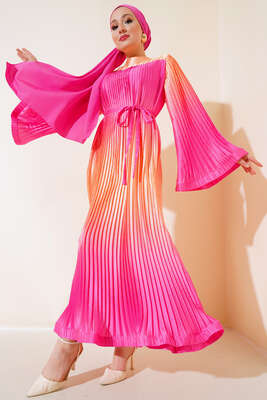 Piliseli Saten Elbise Fuşya - Thumbnail