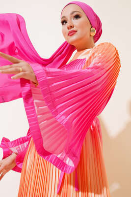 Piliseli Saten Elbise Fuşya - Thumbnail