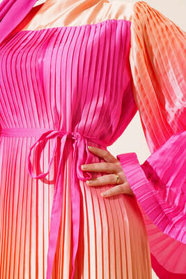 Piliseli Saten Elbise Fuşya - Thumbnail