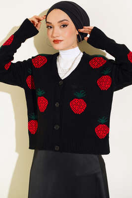 Çilek Desen Kısa Hırka Siyah - Thumbnail