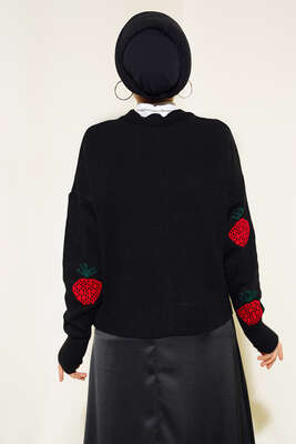 Çilek Desen Kısa Hırka Siyah - Thumbnail